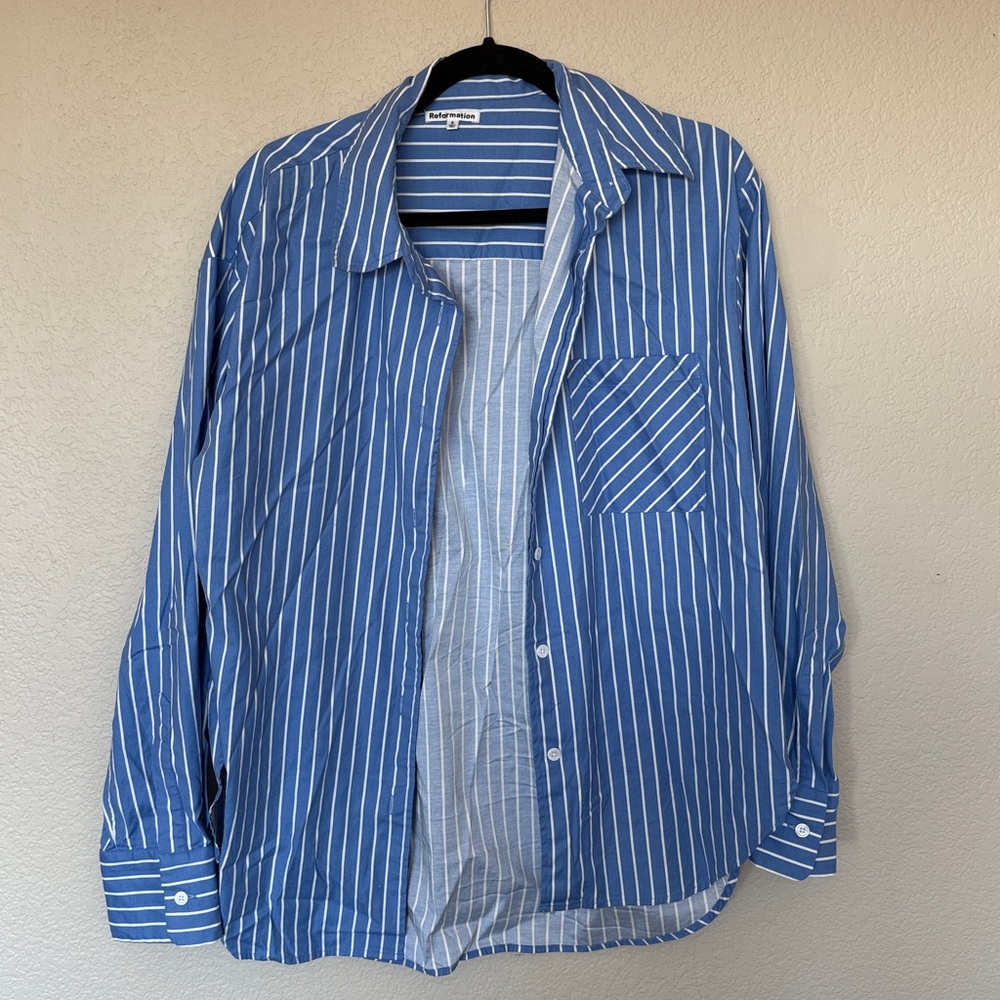 Reformation Blue Striped Button-Up Shirt Will Oversized Shirt